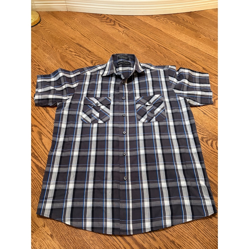 Beverly Hills Polo Club Button Down Mens M Grey Excellent Plaid Short Sleeve